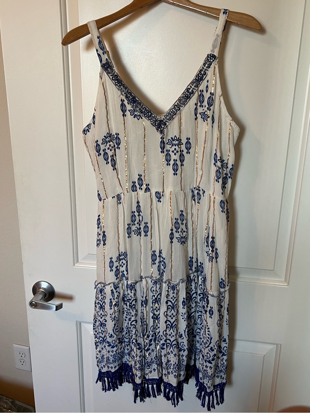 White and Navy Spaghetti-Strap Tiered Mini Dress
